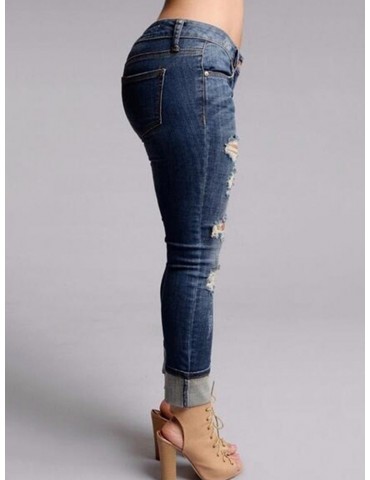 Solid Color Hollow Zipper Fly Casual Ripped Jeans