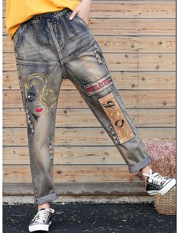 Vintage Art Embroidery Stitching Patch Harem Jeans For Women
