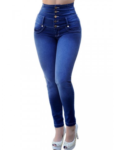 High Waist Solid Color Elastic Casual Jeans For Women