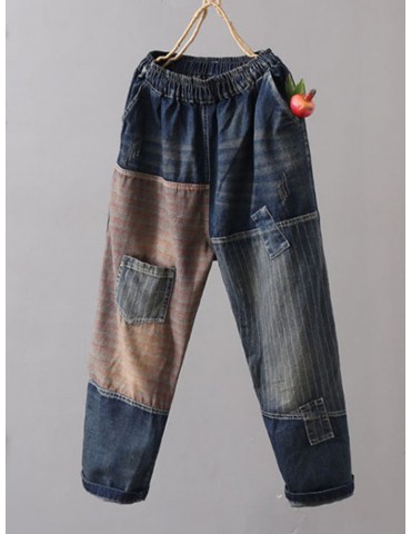 Stripe Patchwork Elastic Waist Ripped Jeans For Women