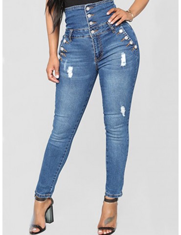 Solid Color High Waist Ripped Jeans For Women
