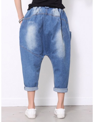 Elastic Waist Solid Color Casual Harem Jeans For Women