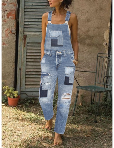 Patchwork Ripped Straps Denim Jumpsuit For Women