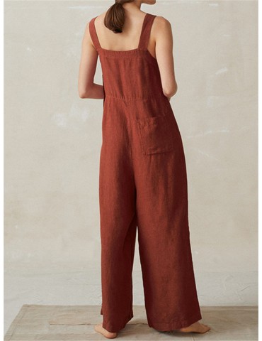 Sleeveless Strappy Wide Legged Button Jumpsuits