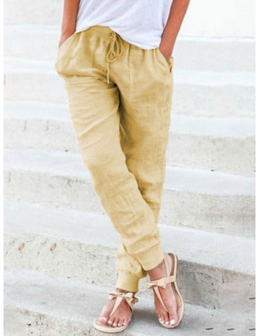 Casual Solid Color Elastic Waist Lace-up Pockets Pants