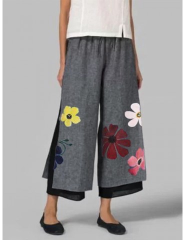 Casual Floral Print Two Layer Elastic Waist Capris