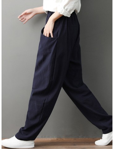 Elastic Waist Pockets Loose Solid Color Casual Pants