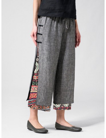 Frog Button Ethnic Print Layered Pants For Women