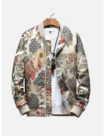 Mens Ethnic Style Crane Embroidered Floral Zipper Slim Fit Casual Baseball Jacket