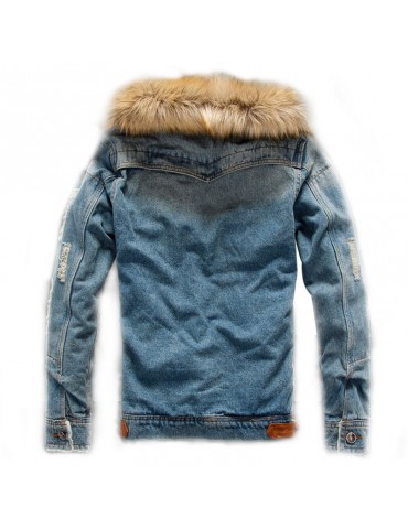 Mens Casual Fleece Fur Collar Denim Blazers Jacket