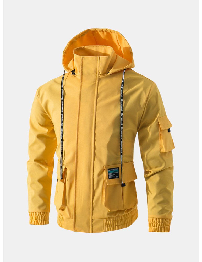 Men's Casual Waterproof Multi Pocket Cotton Blend Hooded Long Sleeve Solid Collor Winkbreak Jacket