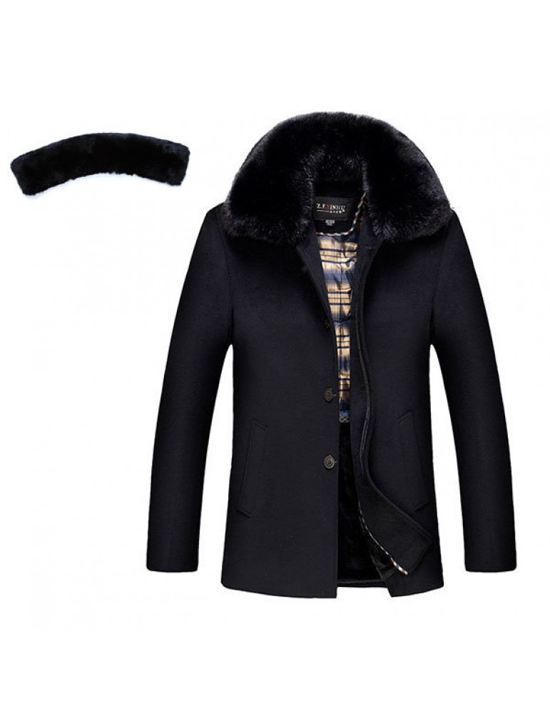 Casual Business Thicken Warm Detachable Furry Collar Woolen Jacket for Men