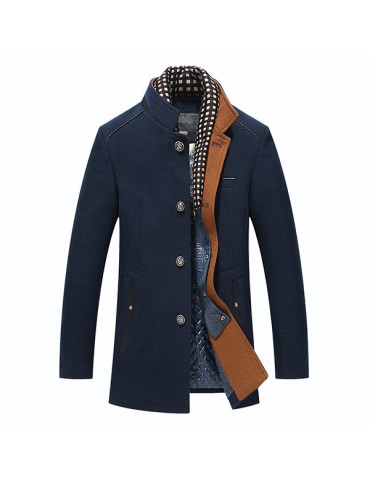 Mens Wool Detachable Scarf Mid Long Trench Coats Business Casual Stylish Coat Slim Fit Jackets