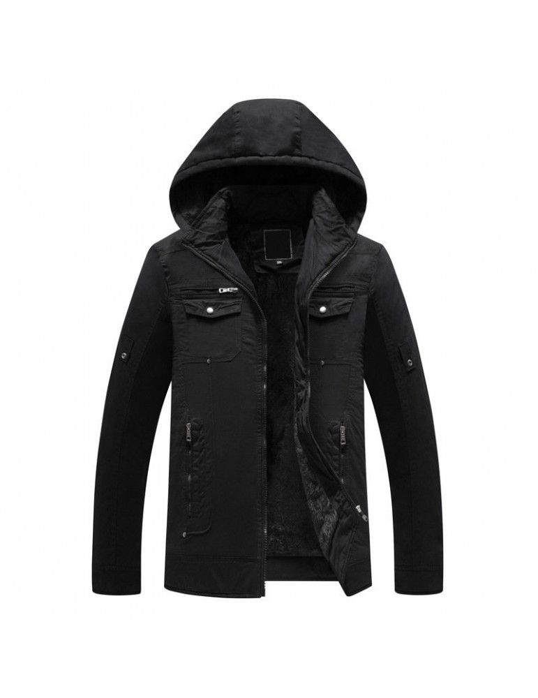 Men's Military Plush Lining Thicken Multi Pockets Zipper Decoration Hooded Outdoor Tooling Jacket