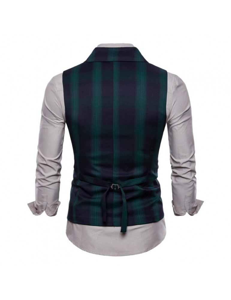 Business Double-breasted Plaid Printed Turndown Collar Slim Vest for Men