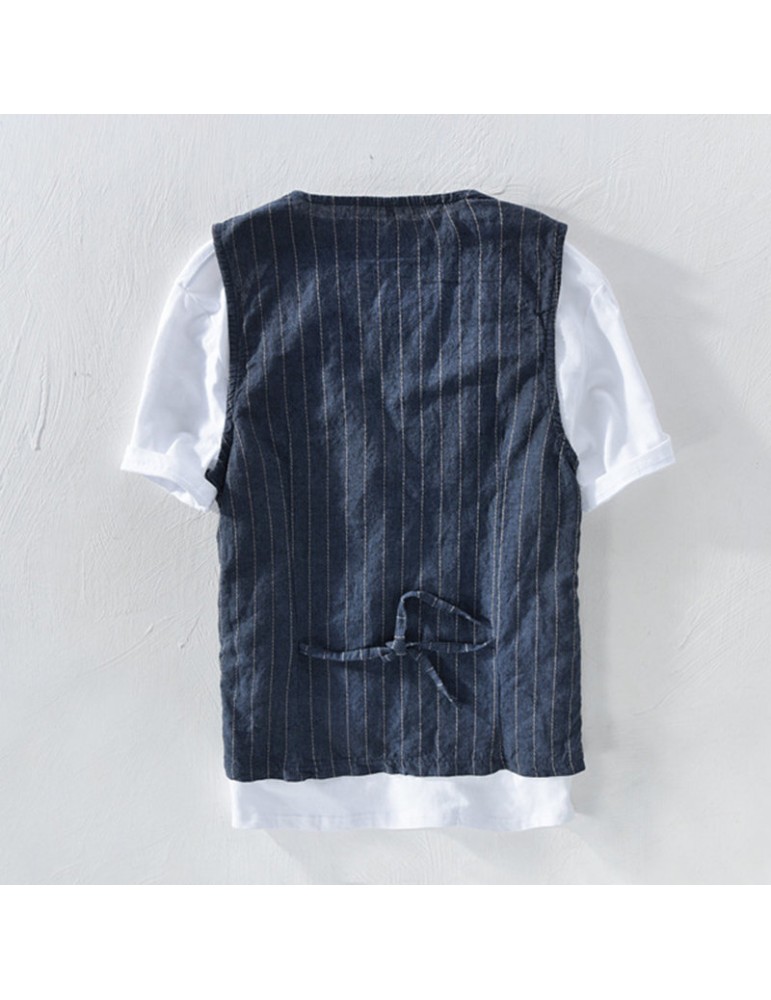 Retro Striped Linen Drawstring V-Neck Vests For Men