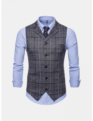 Casual Business Slim Fit Plaid Suit Collar Vest Pure Color Waistcoats For Men