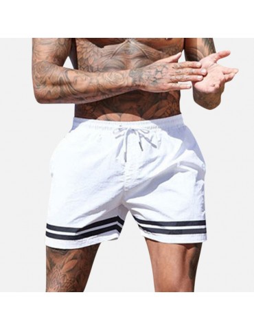 Mens Board Shorts Beach Sports Running Waterproof Fashion Solid Color Striped Drawstring Trunks