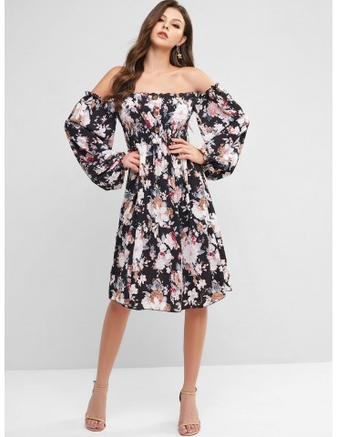 Smocked Buttoned Floral Long Sleeve Dress - Multi-a S