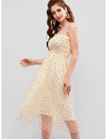 Dots Embroidered Tied Straps Smocked Gauze Dress - Multi S