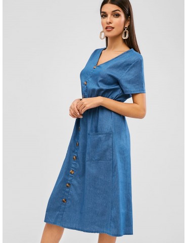 Buttoned Pockets Chambray Casual Dress - Deep Blue M