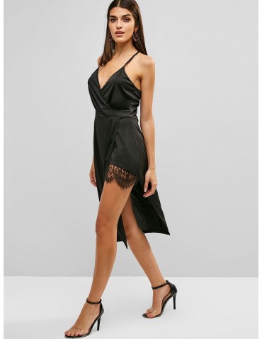 Lace Panel Asymmetrical Surplice Dress - Black L