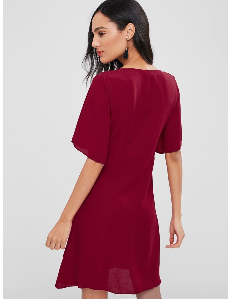 Bowknot Plunging Ruffle Dress - Chestnut Red S