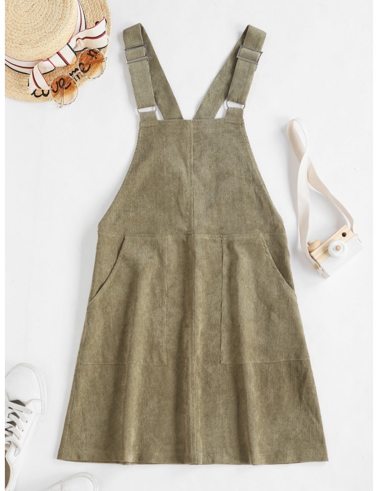  Double Pocket Buckle Strap Corduroy Pinafore Dress - Camouflage Green S