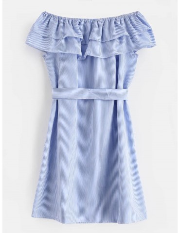 Tiered Flounce Striped Belted Dress - Light Sky Blue S