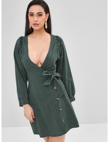  Plunge Striped Wrap Dress - Dark Forest Green M
