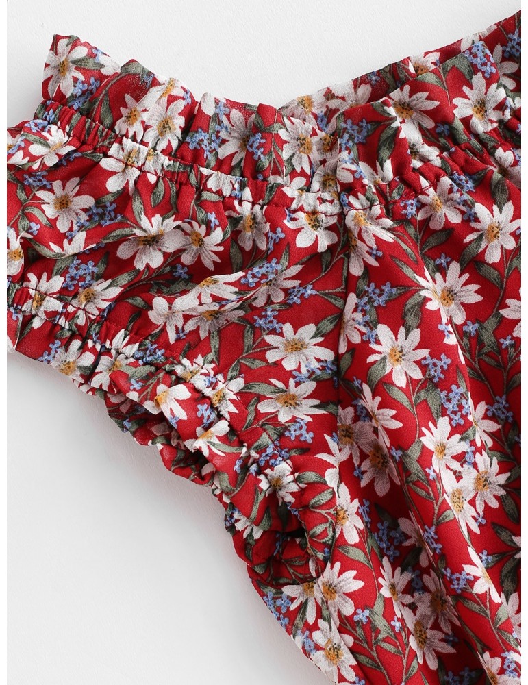  Belted Buttoned Off Shoulder Floral Dress - Chestnut Red S