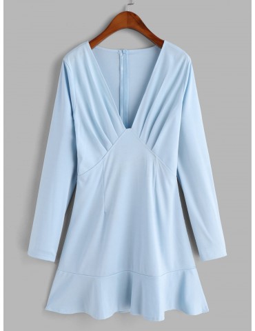 Plunging Neck Long Sleeve Mini Ruffled Hem Dress - Baby Blue Xl
