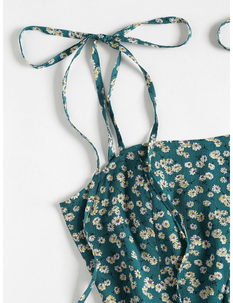  Floral Tie Strap Apron Mini Sundress - Greenish Blue S