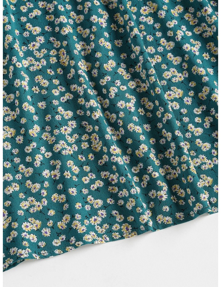  Floral Tie Strap Apron Mini Sundress - Greenish Blue S