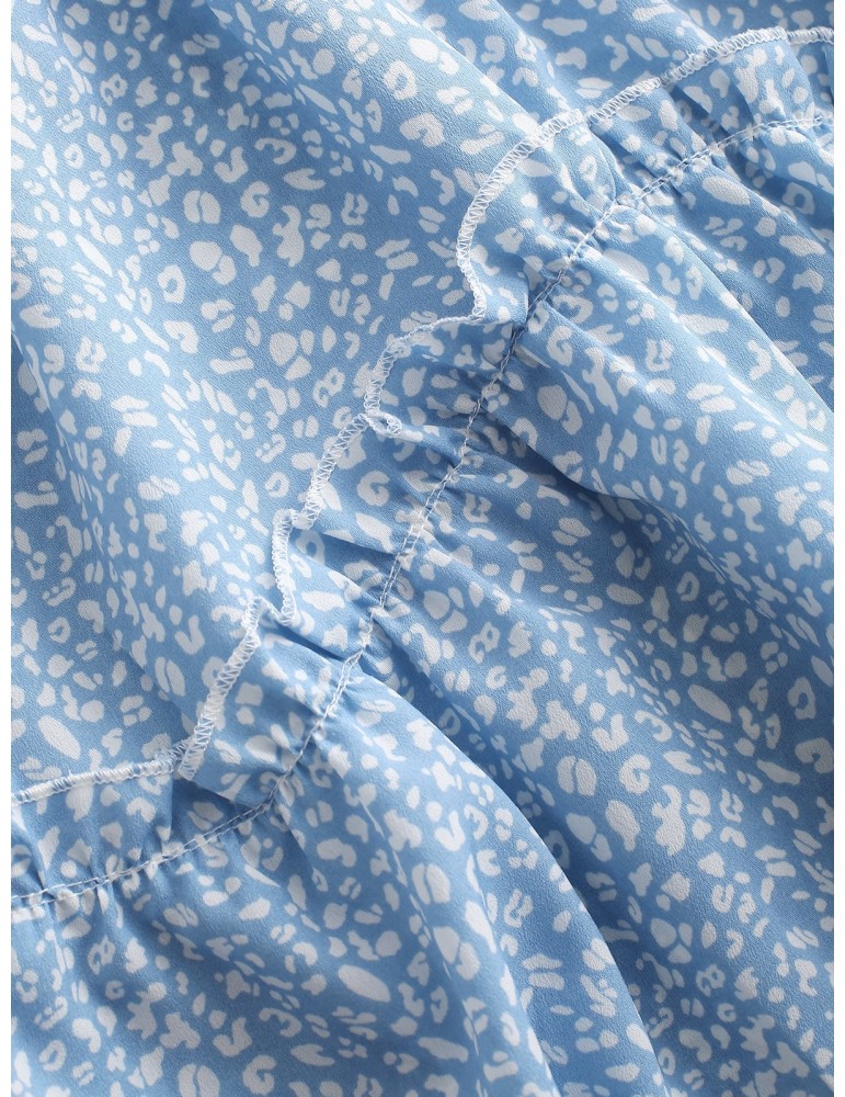 Smocked Printed Sleeveless A Line Dress - Light Blue S